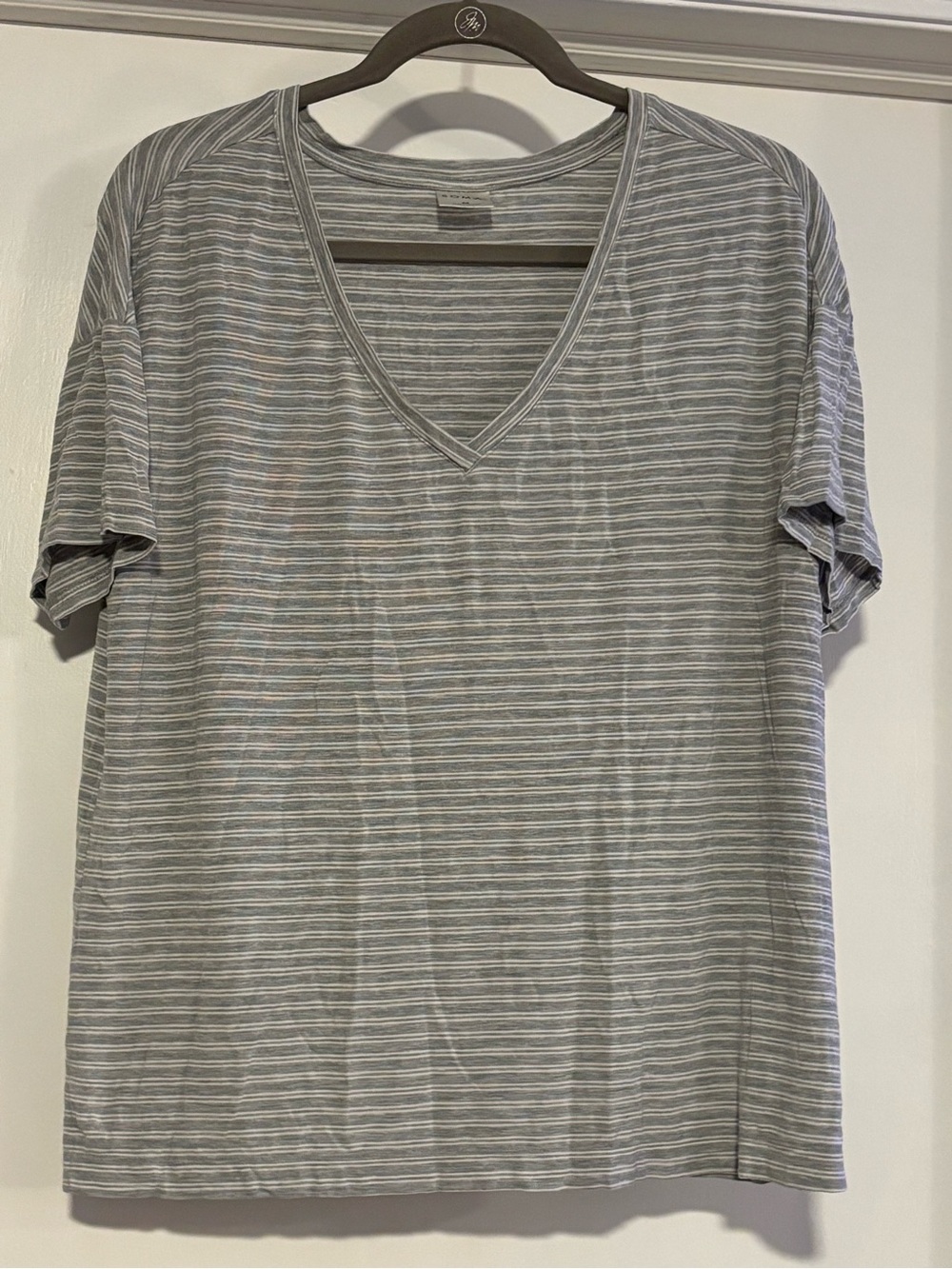 Soma Women's Short Sleeve V-Neck Tee - Gray & White Stripes